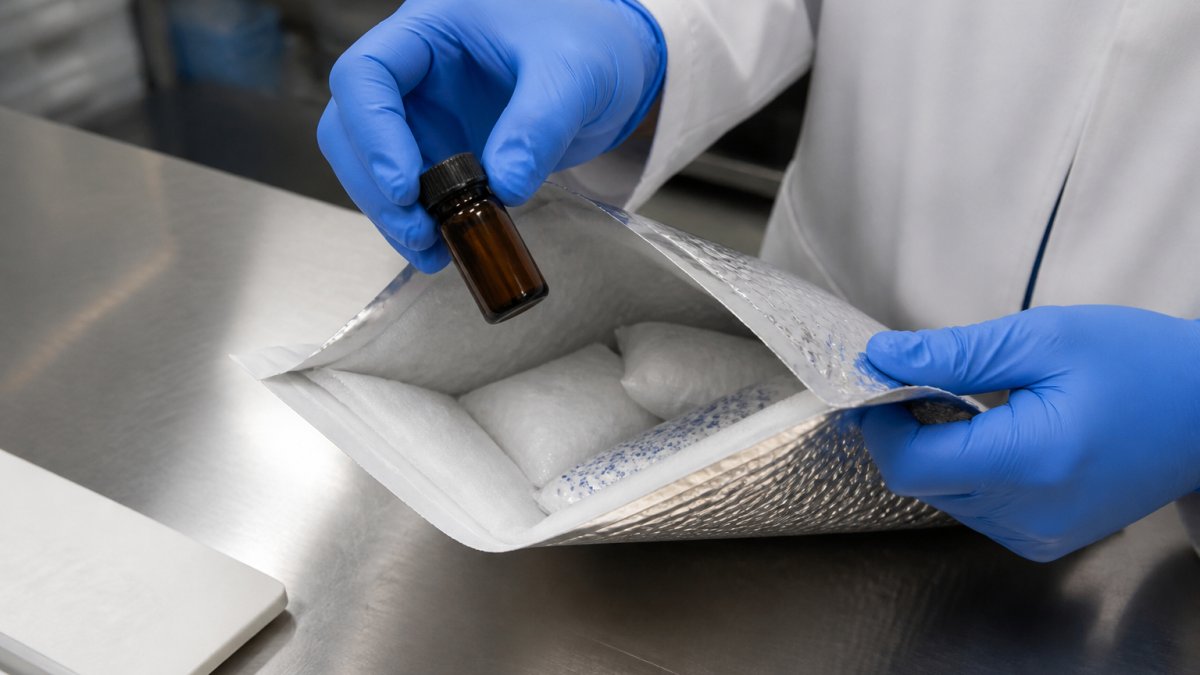 A laboratory researcher in nitrile gloves sealing an amber glass vial inside an insulated shipping mailer with cold packs and desiccant packs on a stainless steel bench under bright overhead lighting