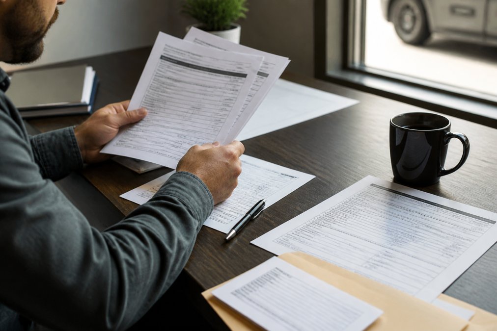 A professional driver using a laptop to review documents, avoiding delays in FMCSA reinstatement.