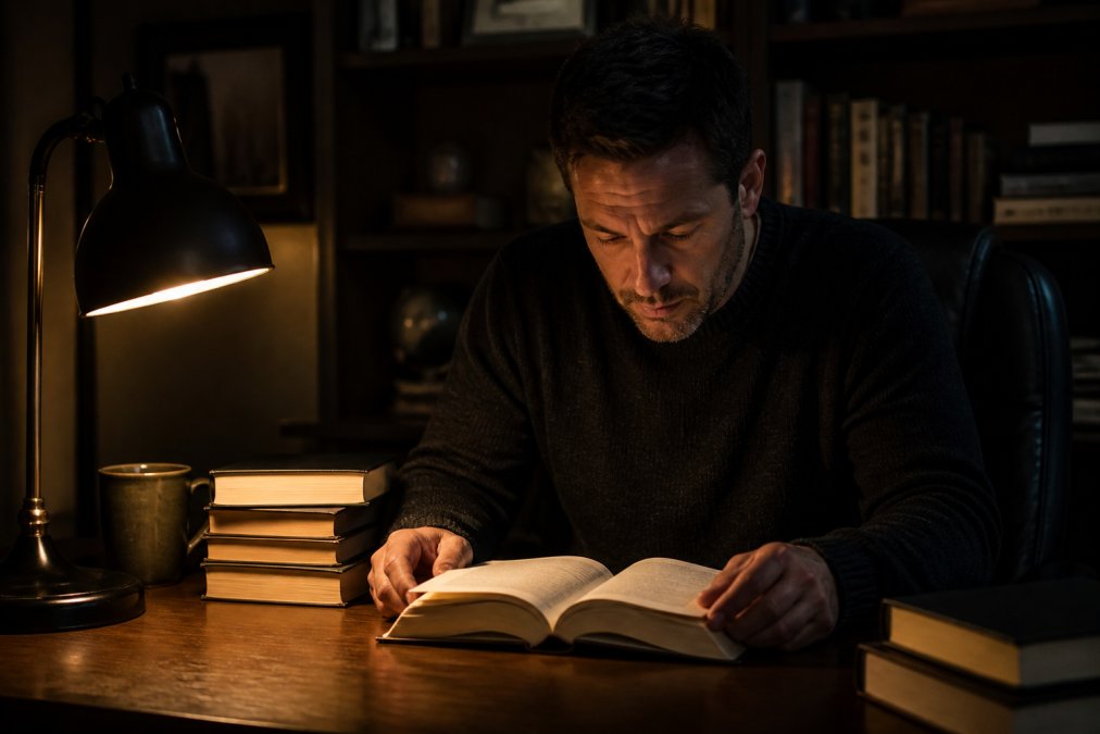 A person sitting alone at a desk late at night, reading a thick paperback thriller novel under a single lamp, expression intense and absorbed, warm amber glow casting shadows across the open pages