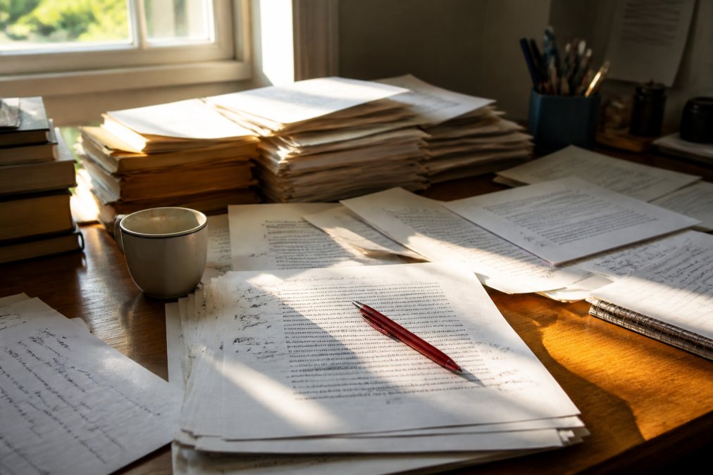 A writer's desk covered in manuscript pages with handwritten revision notes, a red pen resting across an open page, a half-empty coffee cup nearby, warm morning light from a nearby window illuminating the focused editing session