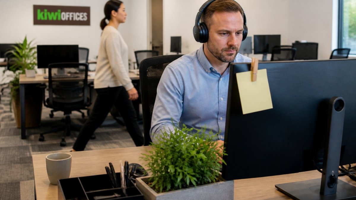 A professional wearing over-ear headphones working at a desk in an open-plan office, with a small 'do not disturb' sign clipped to the monitor and a coworker walking past in the background