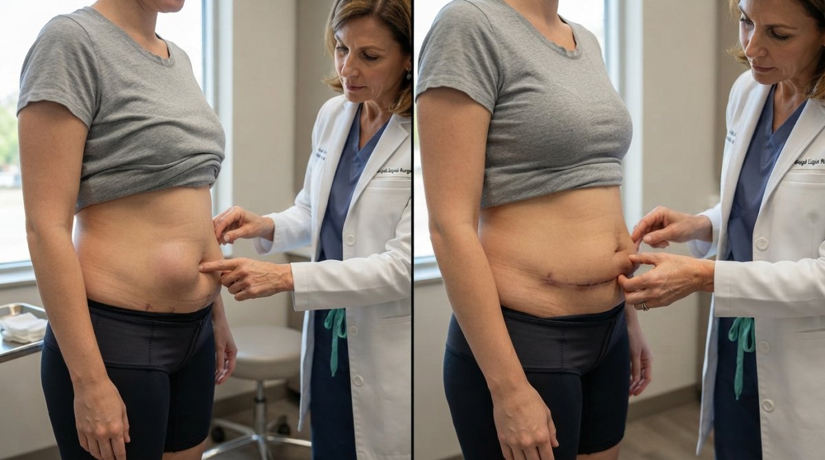 Surgeon assessing post-op abdominal swelling while avoiding dog ears after liposuction during a clinical exam