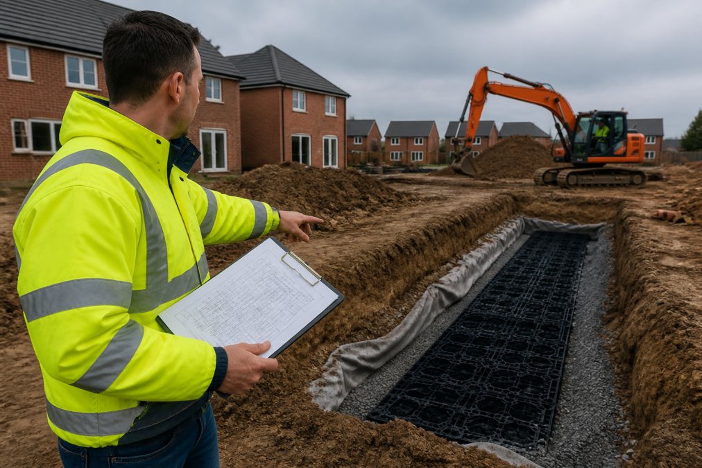 Self-builder checking drainage conditions on a site with a trench and digger