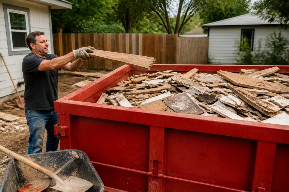 A homeowner in work gloves tossing a broken wooden board into a roll-off dumpster at a residential job site, the container filled level with the rim and debris spread evenly across the floor
