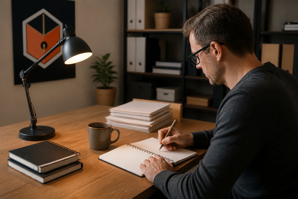 Digital product seller taking notes while avoiding duplicate content in digital products on their computer