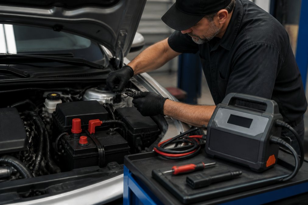 Professional locksmith technician connecting diagnostic interface to OBD port with voltage stabilizer equipment visible, battery terminals secured with protective caps, organized workspace with diagnostic tools