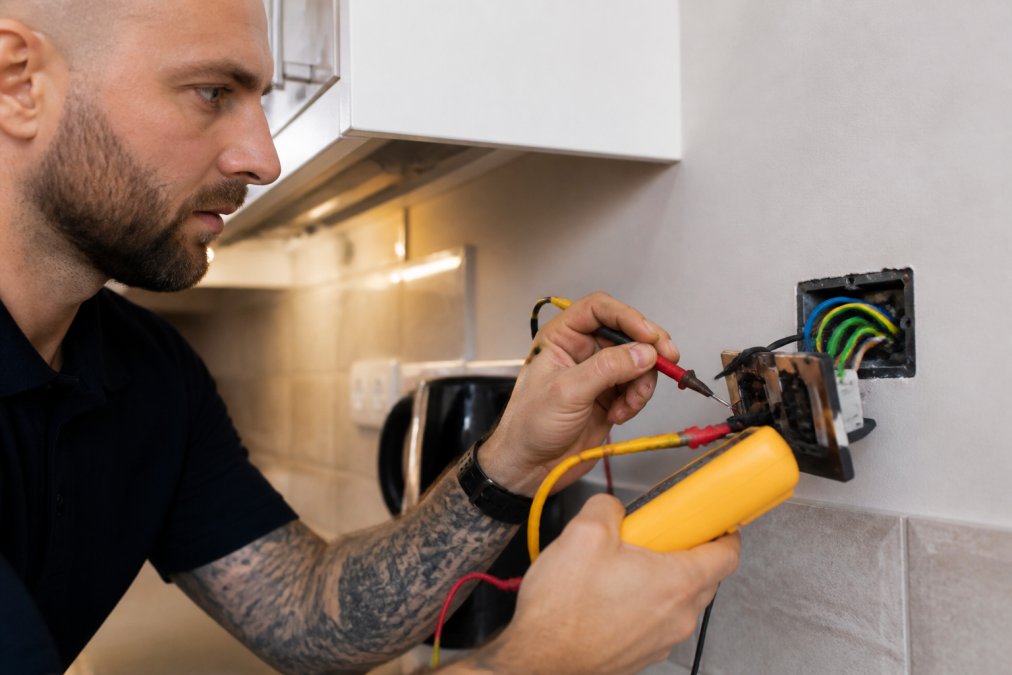 Professional electrician inspecting an older electrical socket and wiring connections with a testing device in a residential property, close-up of hands and equipment