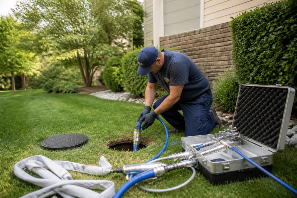 A technician in work clothes kneeling beside a small access pit in a green residential lawn, preparing lining equipment while the landscaped yard remains undisturbed