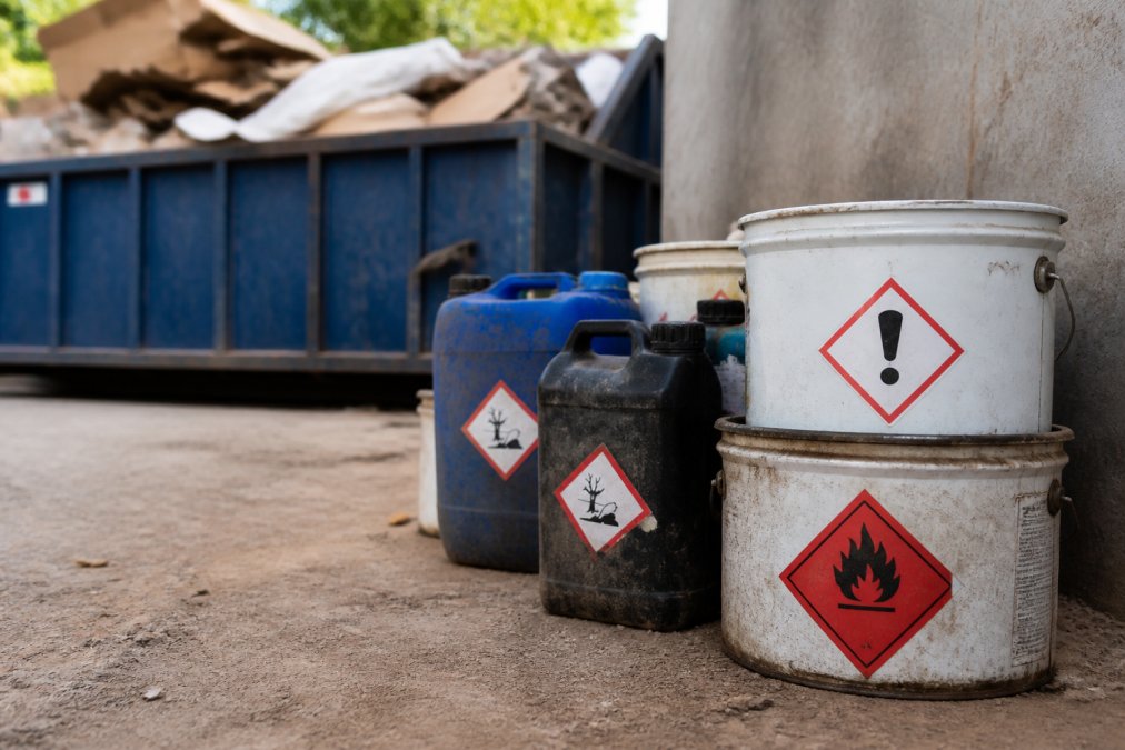 Close-up view of hazardous waste warning labels on paint cans and chemical containers stacked near a dumpster, showing proper segregation of prohibited materials from general construction debris