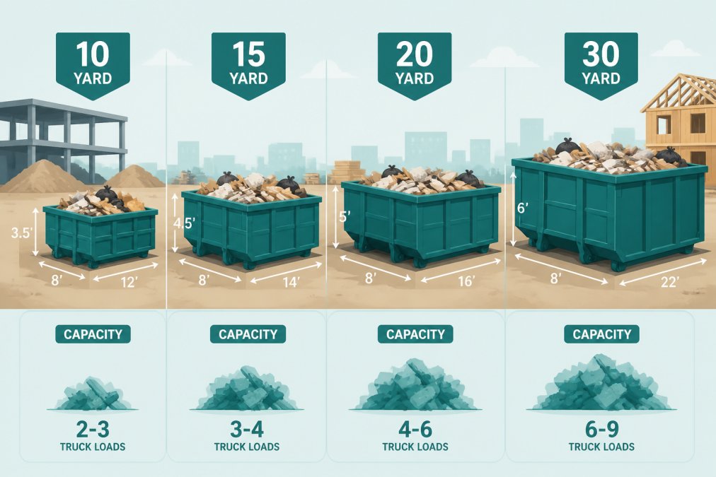 Row of four different-sized roll-off dumpsters lined up side by side in a construction lot, showing visual size progression from 10-yard to 30-yard containers with clear capacity markers, under bright afternoon sunlight