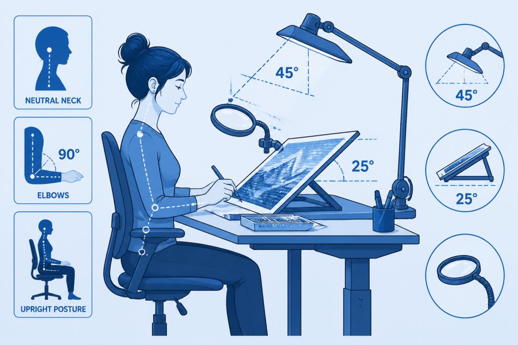 Diamond painter seated at an adjustable workstation with canvas tilted at 25 degrees, daylight LED lamp positioned overhead at 45-degree angle, magnifying glass mounted on flexible arm, proper posture with neutral neck alignment and elbows at 90 degrees