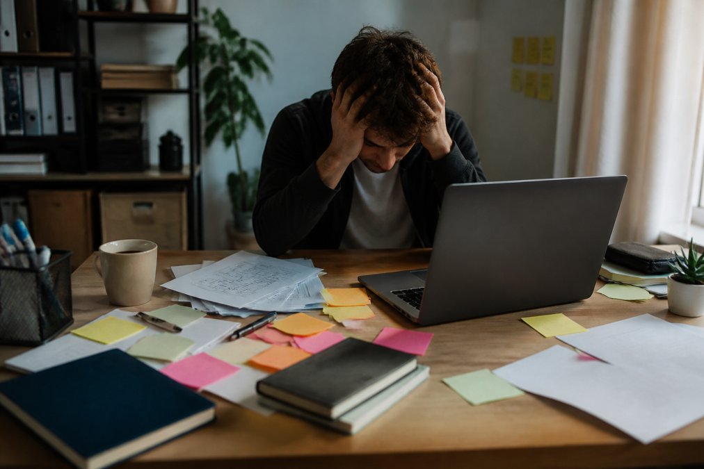Overwhelmed entrepreneur surrounded by sticky notes while struggling with online entrepreneurship business ideas