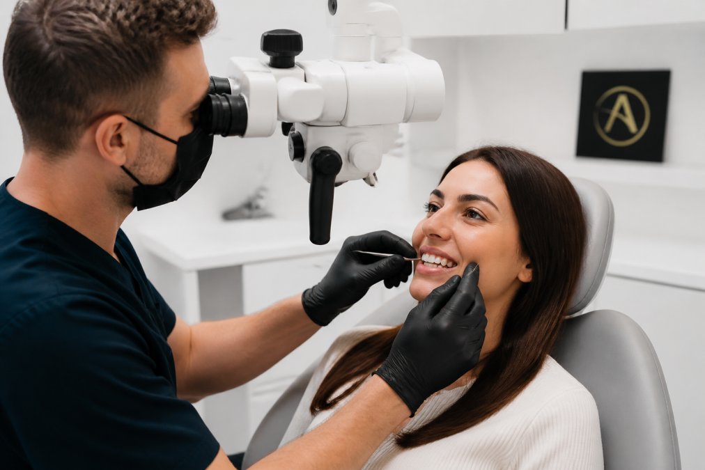 Professional dentist examining patient's smile and veneer margins with digital microscope in modern clinical setting with bright natural lighting