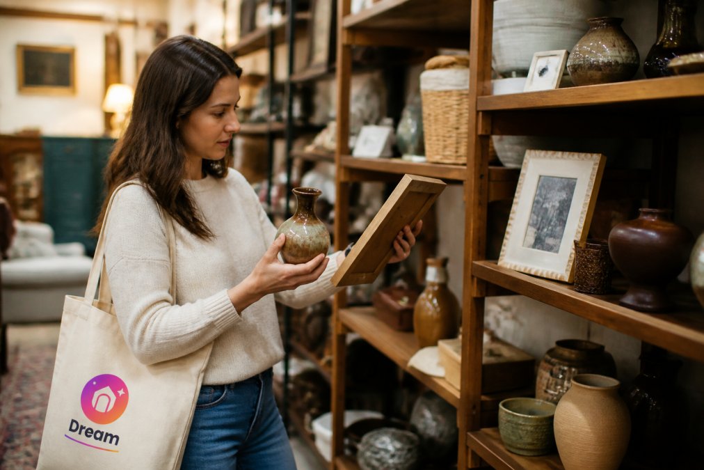 A person browsing a thrift store for secondhand finds while avoiding fast fashion home decor.