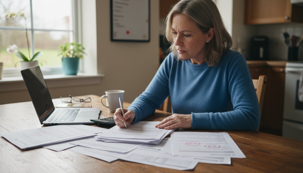 A homeowner sitting at a kitchen table reviewing mortgage documents and loan papers with a pen in hand, organized folders and a laptop open beside them, natural morning light coming through a window