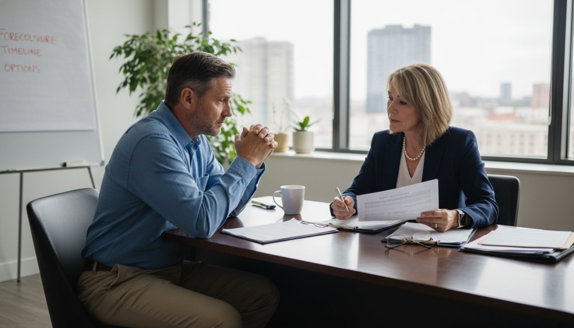 A person sitting across a desk from a housing counselor in a professional office, both leaning over paperwork spread on the desk, warm overhead lighting, a supportive and focused atmosphere