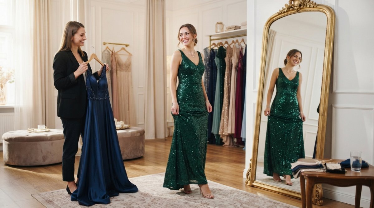 A woman smiling while looking in a full-length mirror in a bright, boutique dressing room, wearing an elegant formal dress, with a stylist nearby holding a second option