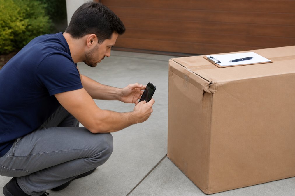 A person in casual clothing crouching beside a large cardboard furniture box on a driveway, holding a smartphone to photograph a dented corner of the packaging, with a clipboard and pen resting on top of the box
