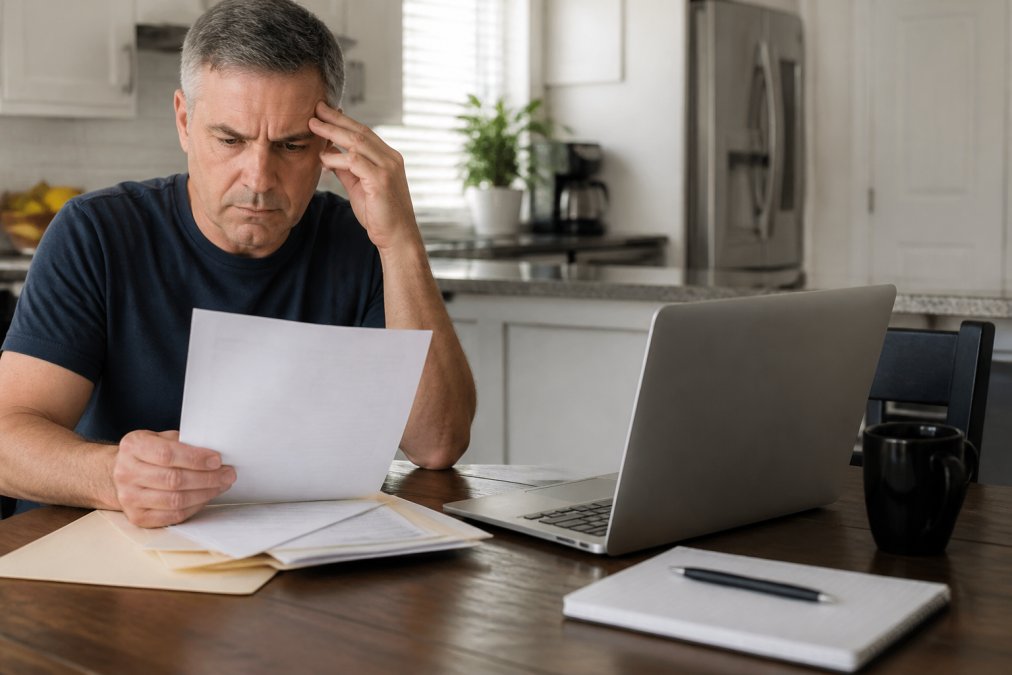 A homeowner reviewing a paper contract at a kitchen table with a laptop showing a contractor website, looking concerned