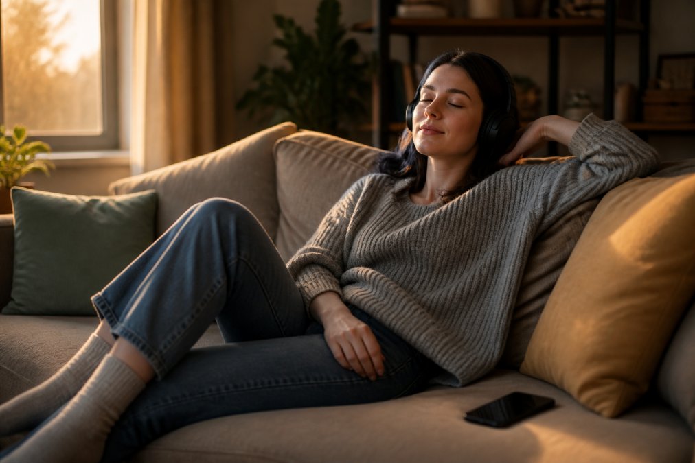 A woman in her late twenties relaxing on a couch with headphones on, eyes closed, soft evening light coming through a window, a smartphone resting beside her on the cushion