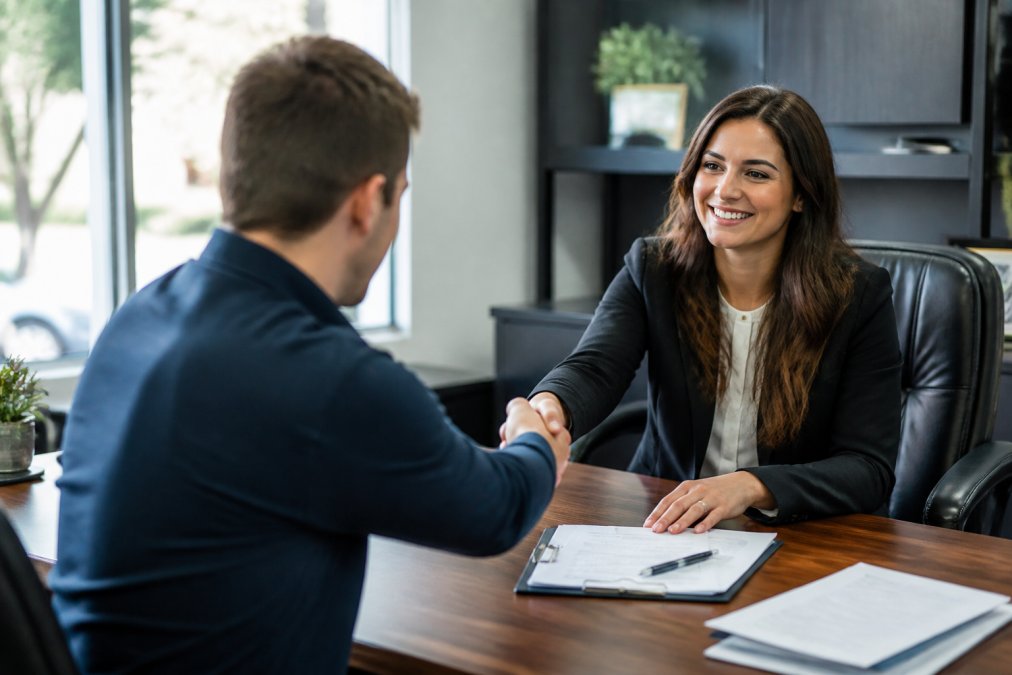 An insurance agent and client shaking hands across a desk in a professional office with policy documents and a warm, professional atmosphere