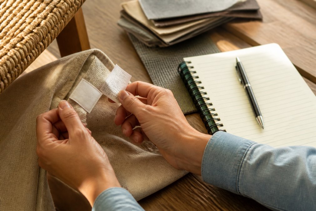 Close-up of hands examining a furniture label and care tag in natural light, with a notebook and pen nearby for taking notes
