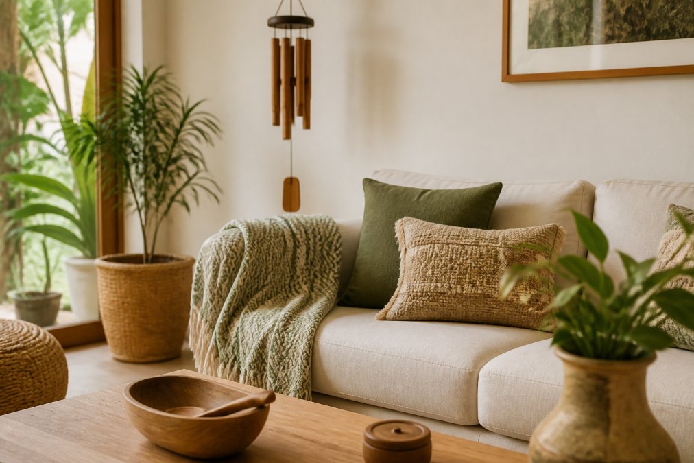 Styled living room scene featuring artisan-made throw blanket, handcrafted wind chime, and natural wood accessories arranged thoughtfully