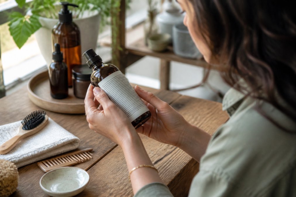 Woman examining a hair product label for harsh chemicals in soft light