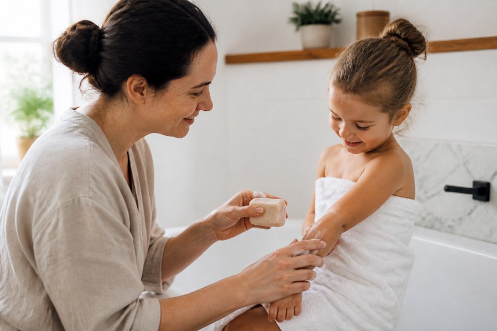 A mother and child in a bright, clean bathroom, smiling as the mother gently applies a fragrance-free bar soap to the child's arm. The focus is on the gentle texture of the soap and the calm, comfortable interaction.