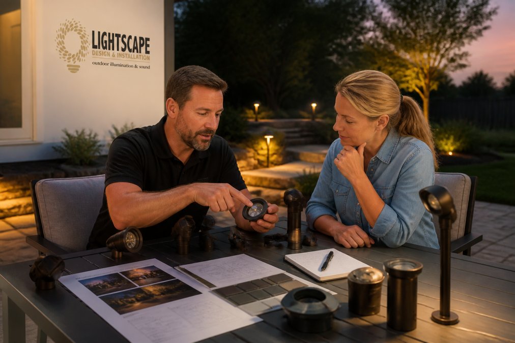 Diagram showing how to choose low-glare outdoor fixtures by comparing shielded lenses and beam angles to reduce outdoor