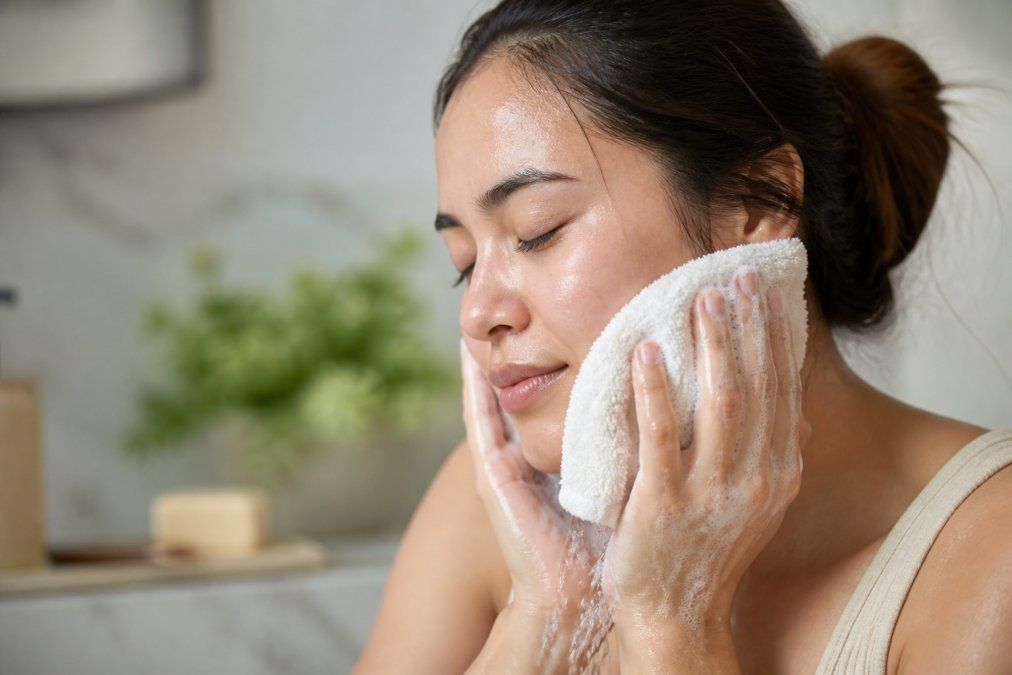 Hands gently washing face with a soft cleanser bar and ultra-soft washcloth, demonstrating careful, intentional cleansing technique with warm water