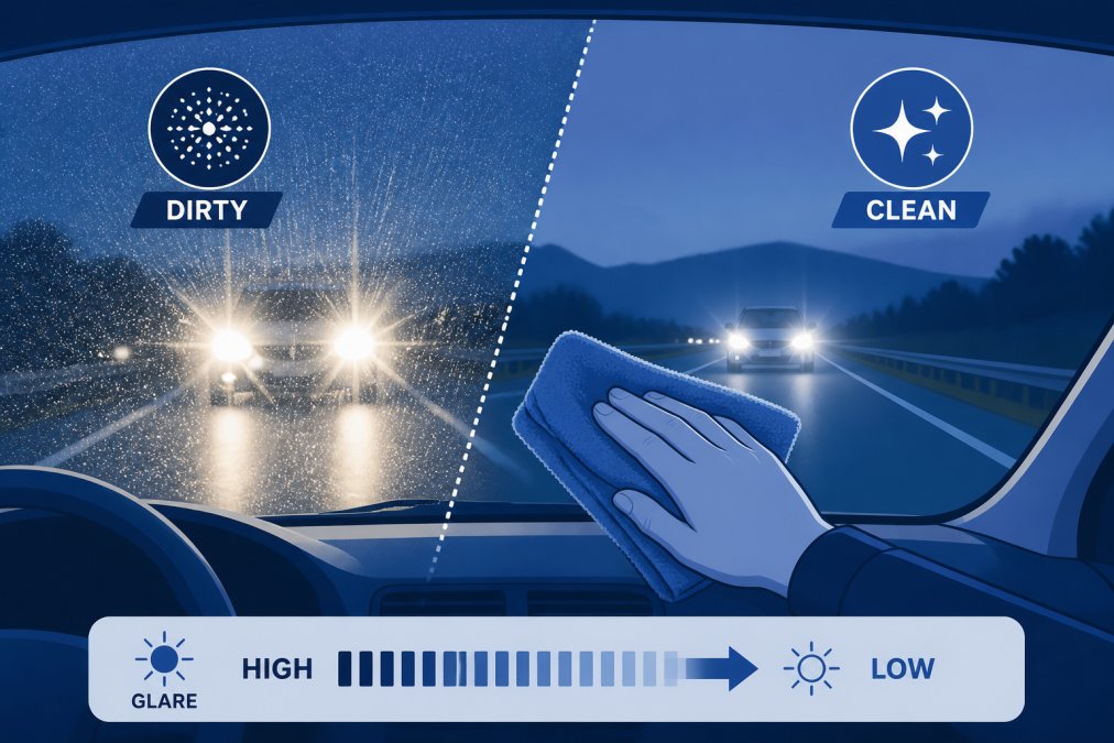 Close-up of a hand wiping a windshield with a microfiber cloth during evening light, showing contrast between the clean section and dust-covered glass reflecting bright light