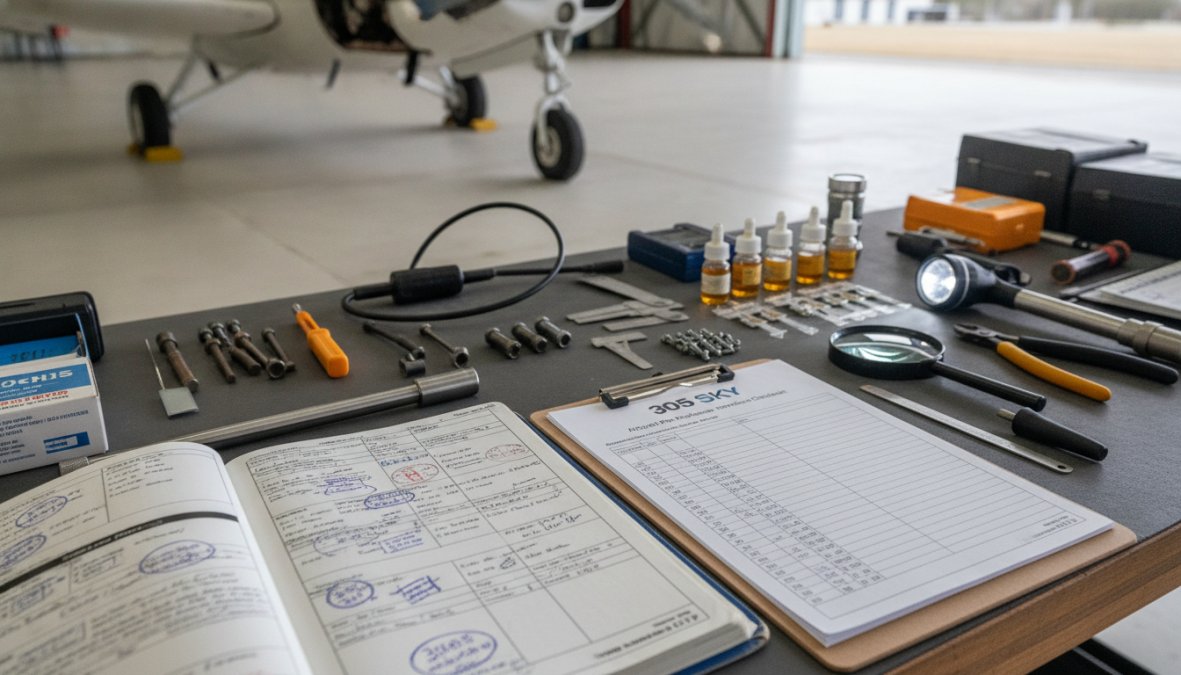 Certified aircraft mechanic performing detailed fuselage inspection with inspection tools, flashlight, and logbook visible on workbench in well-lit hangar
