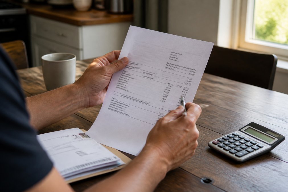 Close-up of a person's hands holding a printed auto repair invoice at a kitchen table, with a pen and calculator nearby, natural window light