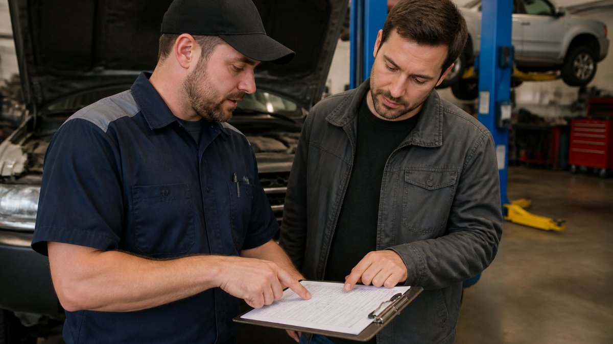 Professional mechanic in ASE-certified uniform reviewing a detailed written estimate with a customer on a clipboard in a well-lit repair shop, both pointing at specific line items