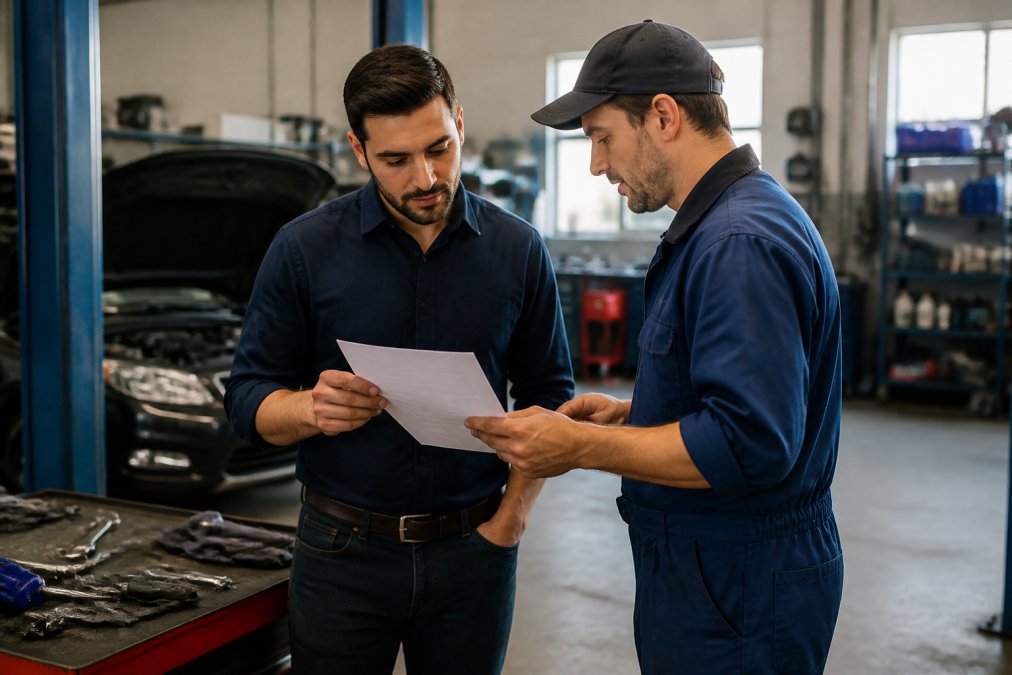 A car owner and a mechanic in a workshop reviewing a printed repair estimate together, both looking at the document under natural overhead lighting inside a garage bay