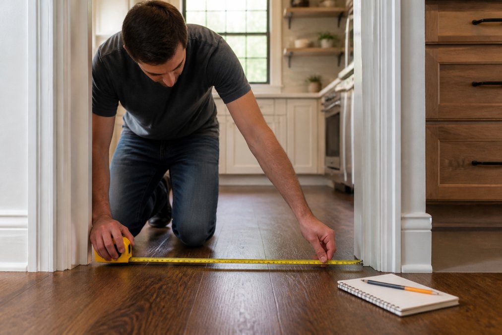 A homeowner kneeling on a kitchen floor using a yellow tape measure to measure the width of a doorway, with a spiral notepad and pencil resting nearby on hardwood floors, natural daylight streaming in from a window
