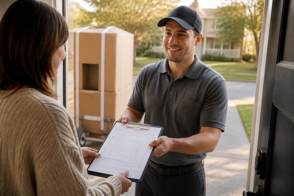 A uniformed delivery crew member in a grey shirt handing a clipboard with a delivery receipt form to a homeowner standing in a front doorway, with a large cardboard-boxed appliance visible on a dolly in the background, warm afternoon light