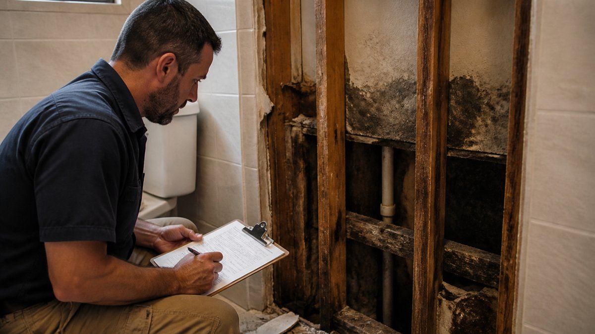Contractor inspecting water damage and mold behind a wall, a common hidden costs bathroom renovation issue.