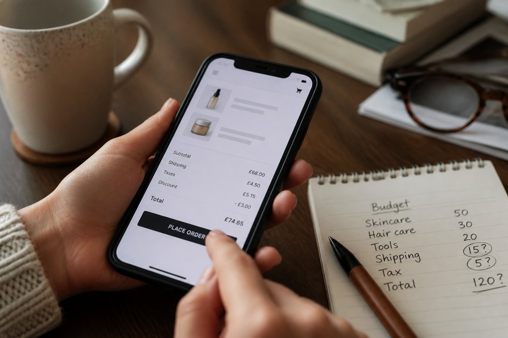 Close-up of a hand scrolling through an online beauty checkout page on a smartphone, with a notepad and pen nearby showing budget notes