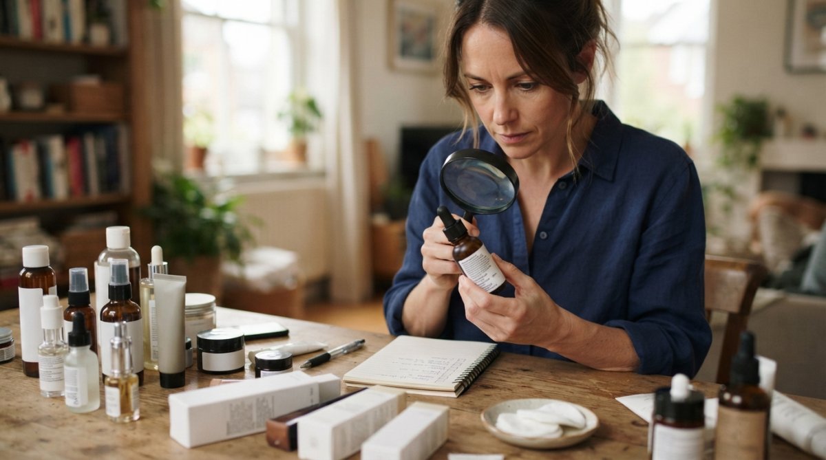 Woman at a desk reviewing beauty product bottles and packaging, comparing labels and ingredient lists with a magnifying glass