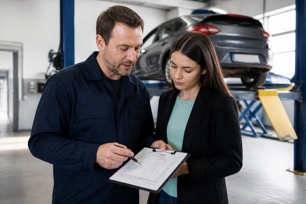Mechanic showing a repair estimate to a customer to identify hidden costs in a car service process