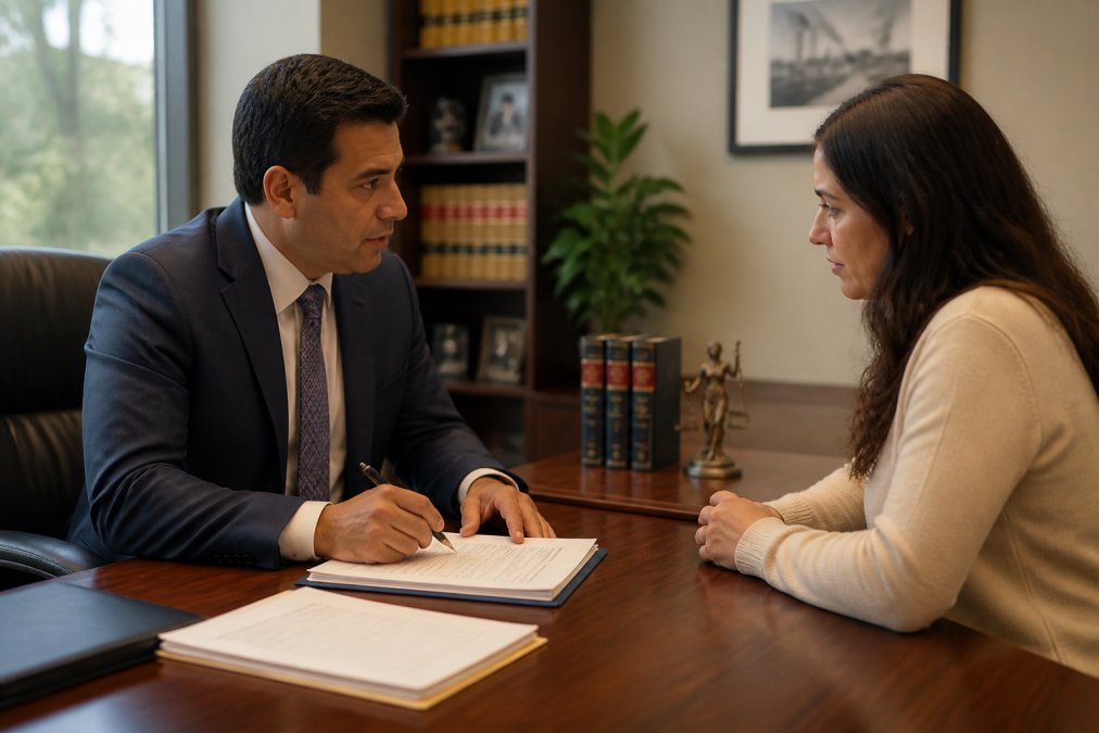 A client meeting with an attorney in a professional office setting, both seated at a desk with documents between them, discussing contract terms, warm office lighting