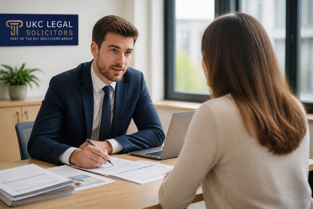 Professional conveyancer in an office speaking with a client across a desk, with property documents and a laptop visible, natural office lighting