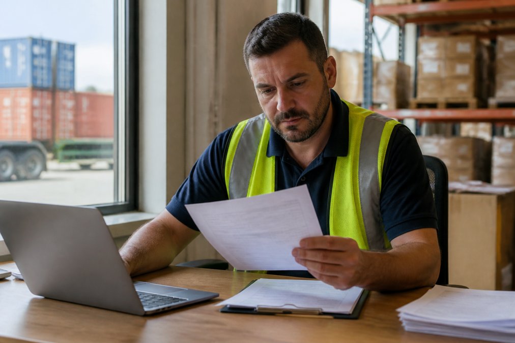 A logistics manager in a warehouse office reviewing a printed freight invoice while comparing it to a digital shipping manifest on a laptop screen, natural daylight through a window