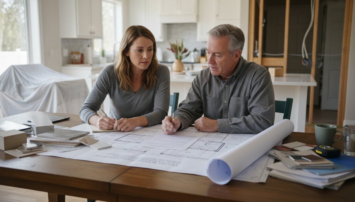 A homeowner and a general contractor sitting at a kitchen table reviewing printed architectural plans and a construction contract together, both engaged in conversation in a well-lit kitchen with renovation materials visible in the background