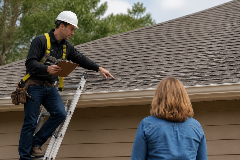 A roofing contractor in safety gear inspecting a residential roof with class A fire-rated shingles, holding a clipboard and pointing at the material while a homeowner watches from the ground