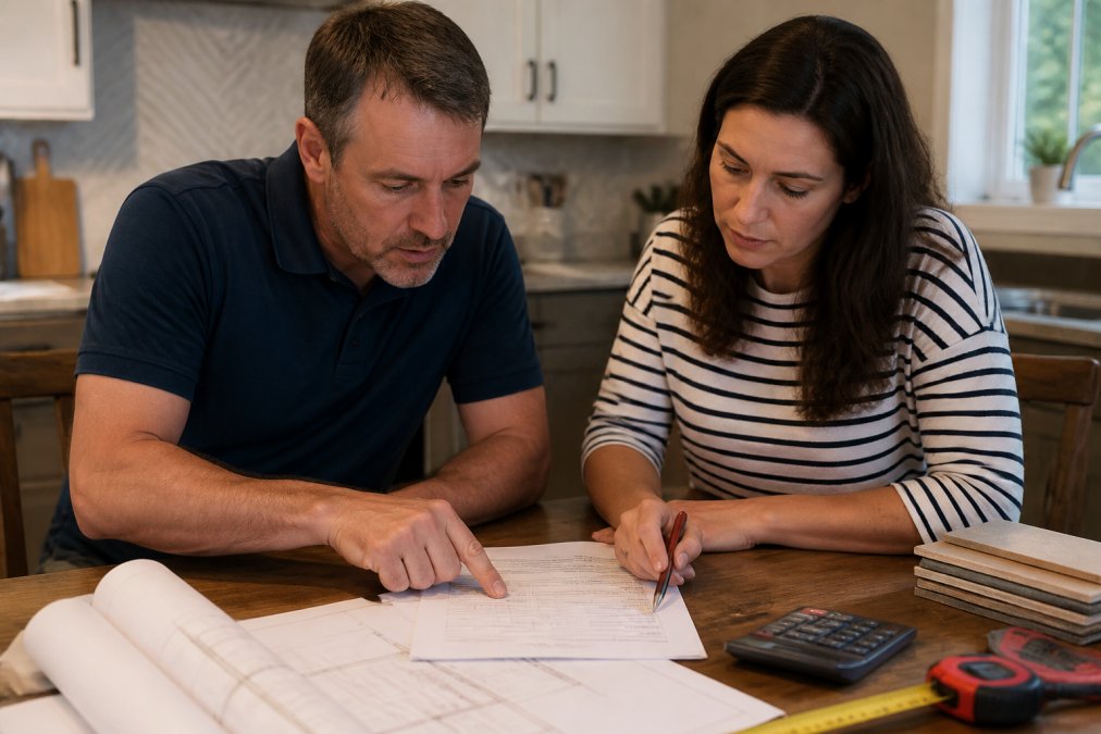 Homeowner and contractor reviewing a renovation estimate to avoid hidden costs renovation during a kitchen remodel.