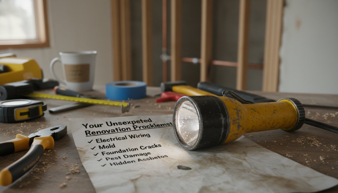 A contractor performing a site inspection inside a partially renovated room, examining exposed wall framing and plumbing pipes with a flashlight, wearing a hard hat and safety vest in a gutted interior space with natural light coming through a window