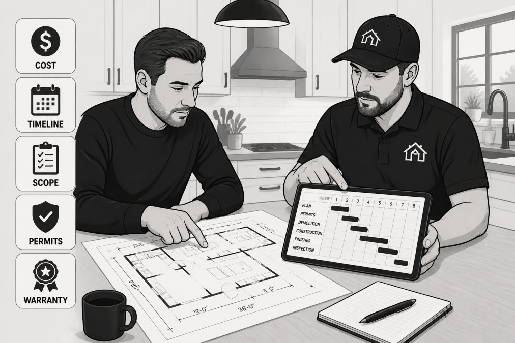 Homeowner meeting with contractor in a bright kitchen, reviewing architectural plans and a tablet showing project timeline, with both parties pointing at specific details on the documents